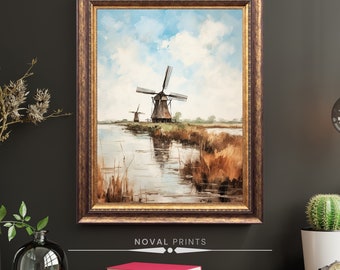 オランダの風車の風景画｜ヴィンテージオランダの田園風景油絵（印刷