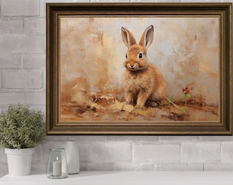 Bunny Rabbit Oil Painting Wall Art, Classic Easter Wall Print, Antique Bunny Home Decor, Vintage Rabbit Oil Paint, Country Nursery Wall Art