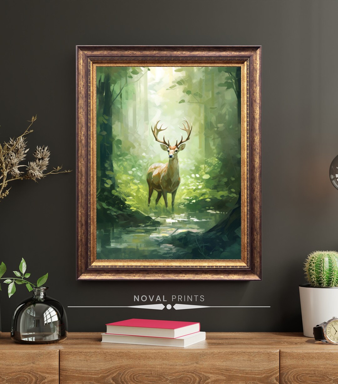 Rustic Deer Oil Painting, Vintage Print Landscape Painting Cabin Decor ...