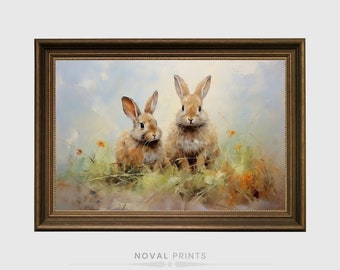 Vintage pareja conejos pintura digital arte de la pared, impresión de conejito antiguo, arte de la pared del conejo, decoración de la pared del conejo, decoración de Pascua año del conejo