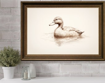 Vintage Duck Drawing Print, Duck Sketch Pencil Painting, Animal Pencil Sketch Art, Vintage Animal Bird Home Decor, Neutral Nursery Wall Art
