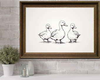 Impresión de boceto a lápiz de pato, decoración del hogar con dibujo de pato, pintura de pato vintage antigua, arte de línea de granja, decoración de pared de granja, arte de pared campestre