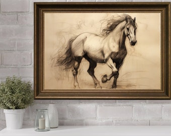 May include: A framed black and white pencil drawing of a horse running. The horse is in mid-stride with its mane flowing in the wind. The background is a light brown color.