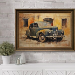 Vintage Car Painting 1950s, Era American Vintage Classic Car Art, Antique Car Painting, Automobile Vintage Car Painting, Oil Painted Car Art