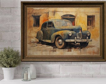 Vintage Car Painting 1950s, Era American Vintage Classic Car Art, Antique Car Painting, Automobile Vintage Car Painting, Oil Painted Car Art