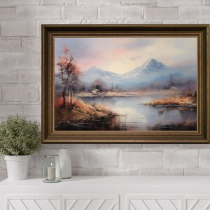 Digital Rustic Mountain Painting, Vintage Landscape Print, Moody Rustic Landscape Forest, Vintage Mountainscape Print, Vintage Lake Painting