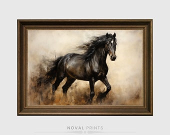 Vintage Black Horse Digital Printable Wall Art Oil Painting Rustic Farmhouse Decor, Vintage Animal Oil Portrait, Vintage Horse Painting Art