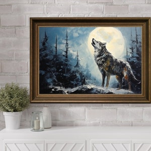Wolf Moon Painting Art, Howling Wolf In The Forest By The Moonlight, Wolf Wall Art Home Decor, Wolf in Full Moon Painting, Full Moon Decor