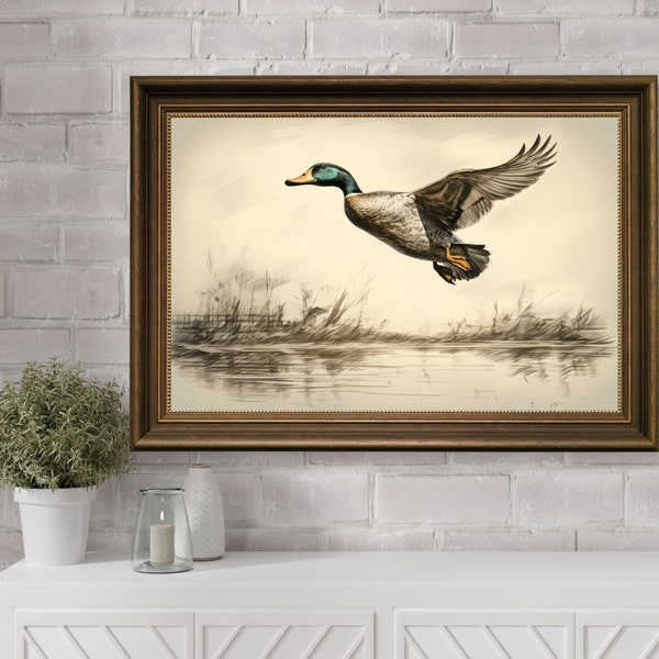 Peinture à l'huile de canard colvert volant, art mural imprimable antique de canard colvert, décoration murale de ferme de canard vintage, impression d'art maison d'oiseau numérique