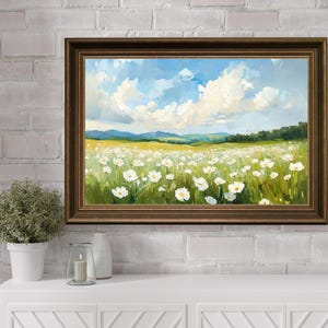 White Flower Field, Vintage Wildflower Field Wall Art, Field Of Flowers Art, Botanical Wildflower Art