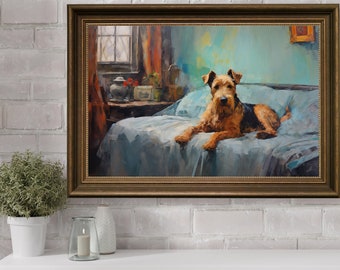 Vintage Airedale Terrier Dog Oil Paint On Bed Wall Art Home Art Painting Dog Wall Art Dog Lover, Dog Mom Gift, Dog Gift, Airedale Terrier