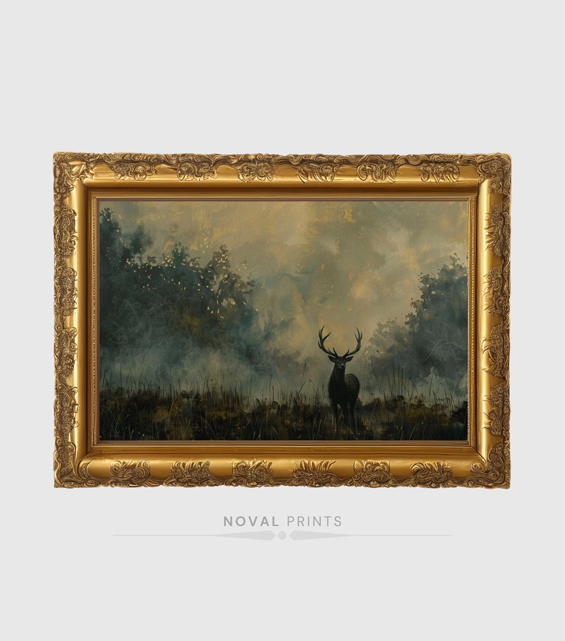 Antique Painting,Cabin Decor,Deer Painting,Deer Print,Den Wall Decor,Digital Art Print,Landscape Art Print,Lodge Decor,Man Cave Decor,Mountain Landscape,Printable Wall Art,Vintage Painting,Vintage Print