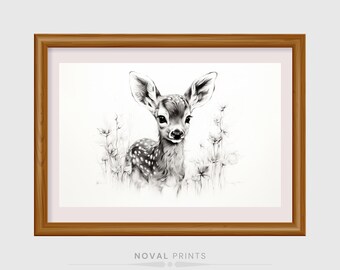 Baby Deer Sketch, Woodland Drawing, Rustic Wall Decor, Vintage Nursery Art, Deer Wall Art, Farmhouse Print, Woodland Landscape Deer Sketch