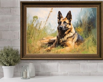 Perro pastor alemán K9 en el arte de la pared del paisaje, arte de la pared del perro, impresiones vintage del pastor de Alemania, perro, decoración de la pared del perro, arte del perro, amantes de los perros