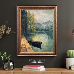 Vintage See Malerei, Haus am See Dekor, Haus am See Wandkunst, rustikale Frühling Ölgemälde, Vintage See Kunst, Boot auf dem See Wand Kunst Druck