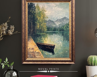 Vintage See Malerei, Haus am See Dekor, Haus am See Wandkunst, rustikale Frühling Ölgemälde, Vintage See Kunst, Boot auf dem See Wand Kunst Druck