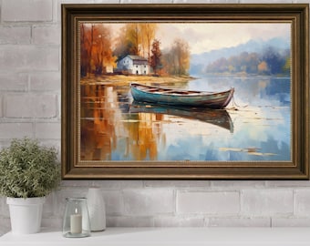 Vintage River Boat Oil Painting, Vintage Old House Beach Painting, Riverscape Nature Painting, 19th Century Art Print, Lake House Wall Art