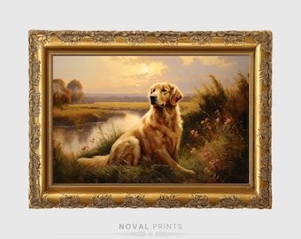 Impresión de Golden Retriever, pintura de Golden Retriever, regalo de Golden Retriever, arte de pared de Retriever, arte de pared dorada, arte de pared de perro y paisaje