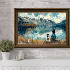 Boy and Dog Art, Puppy Nursery Print, Vintage Nursery Wall Art, Rustic Nursery, Dog Lover, Boy&#39;s Room Decor, Printable Digital Kids Wall Art