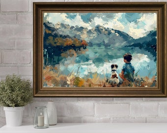 May include: A framed painting of a boy and his dog sitting on a grassy hill overlooking a lake. The mountains are in the background and the sky is blue with white clouds.