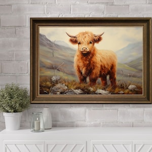 Scottish Highland Cow Print, Highland Baby Cow Wall Art Decor, Baby Highland Cow, Country Landscape, Meadow Landscape,Farmhouse Decor