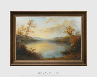 Antique Lake View, Vintage Landscape Painting, Serene Waterscape Art, Rustic Landscape Paint