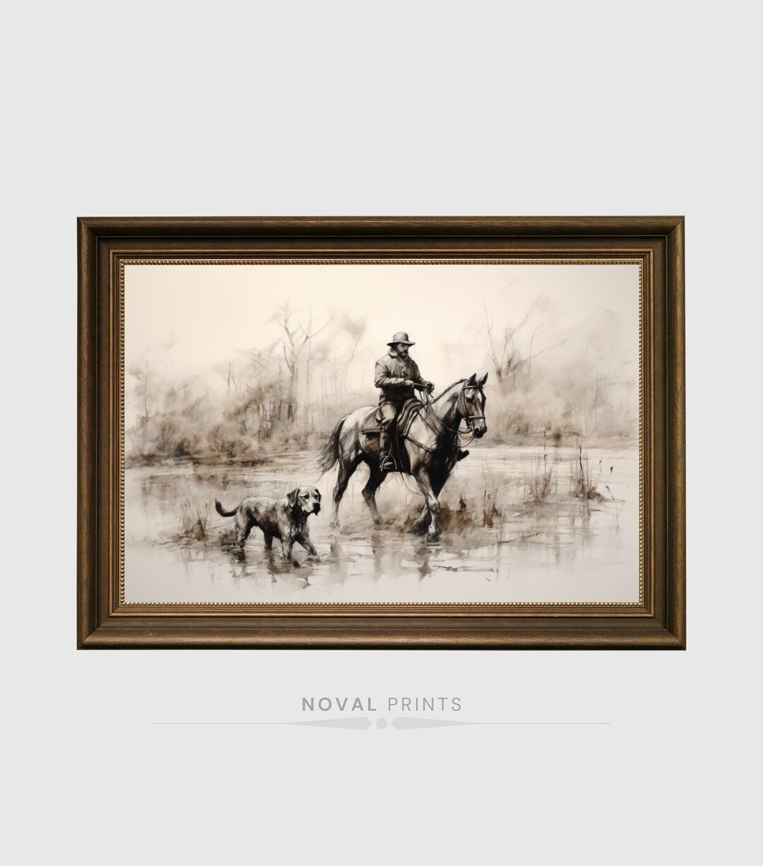 Vintage Portrait of A Man on A Horse and Dog on the Hunt Painting ...