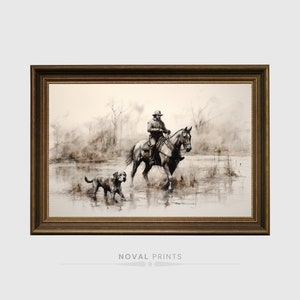 Vintage Portrait Of A Man On A Horse And Dog On the Hunt Painting Digital Wall Art Printable Download Jpg, Rustic Art, Print at Home Poster