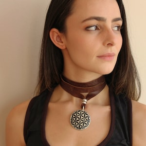 Wrap Leather Necklace Flower of life Choker Sustainable upcycled Jewelry Ethnic Choker Leather Choker Statement Necklace Boho Choker Jewelry