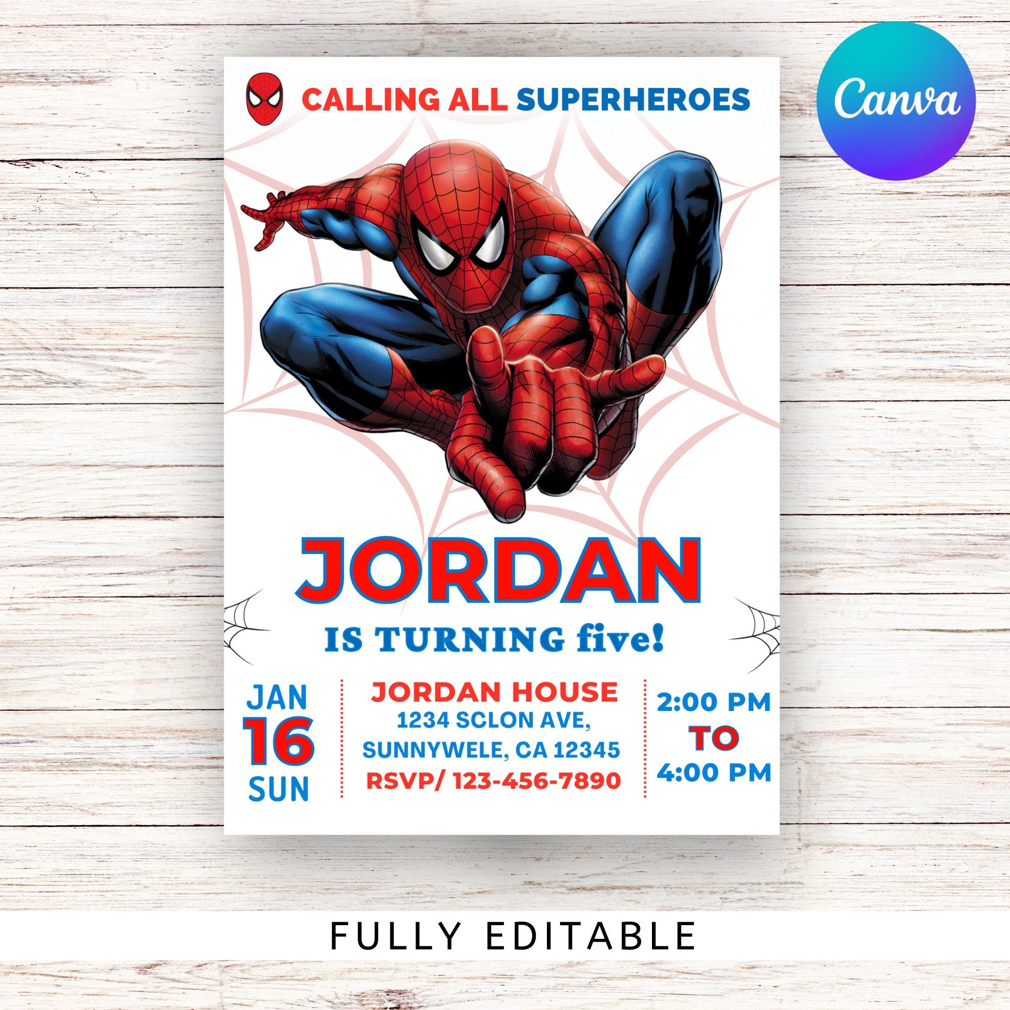 Editable Spiderman Birthday Invitation, Spiderman Kids Birthday Invitation,  Spiderman Invitation, Kids Editable Birthday Invitation 