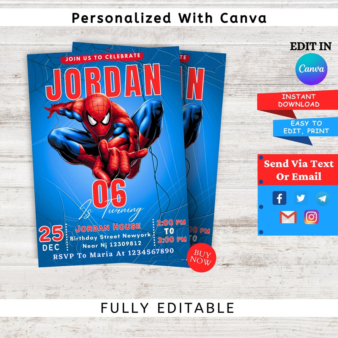 Spiderman Birthday Invitation Template Editable & Printable Digital