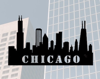 May include: Black silhouette of the Chicago skyline with the word "CHICAGO" in white letters below.