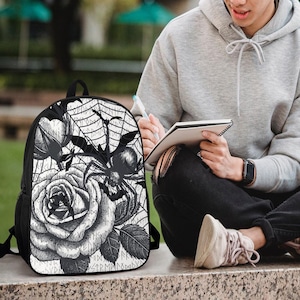 Gothic Spider Rose Backpack – Bats & Spiderweb Dark Aesthetic Bag, Witchy Occult School Bag, Alternative Gothic Travel Accessory
