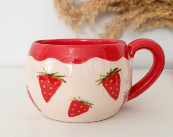 CUTE STRAWBERRY CUP, Kawaii Mug, Strawberry Gifts, Aesthetic Coffee Mug, Delightful Ceramic Coffee Mug, Pottery Drinkware