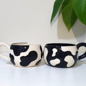 COW SPOT MUG - Handmade Ceramic Set for Couple, Black and White Hand-Painted Dalmatian Patterned Coffee Cup, Mottled Handmade Cow Pottery