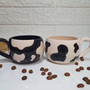 COW SPOT MUG - Handmade Ceramic Set for Couple, Black and White Hand-Painted Dalmatian Patterned Coffee Cup, Mottled Handmade Cow Pottery