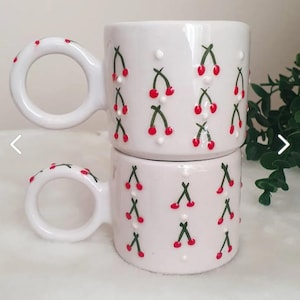 Handmade Ceramic Espresso Cups: Cherry Relief Turkish Coffee Mug (Set of 2)