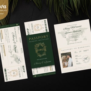 Passport Wedding Invitation Boarding Pass Template Editable Destination Wedding Invitation Dark Green Gold Travel Invitation Wedding Abroad