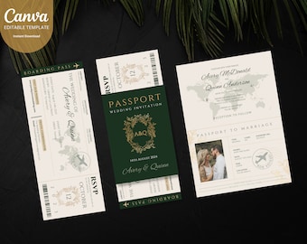 Passport Wedding Invitation Boarding Pass Template Editable Destination Wedding Invitation Dark Green Gold Travel Invitation Wedding Abroad