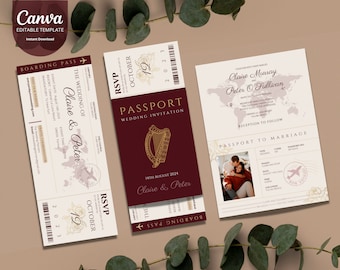 Passport Wedding Invitation Boarding Pass Editable Template Destination Wedding Invitation Burgundy Travel Invitation Wedding Abroad Ireland