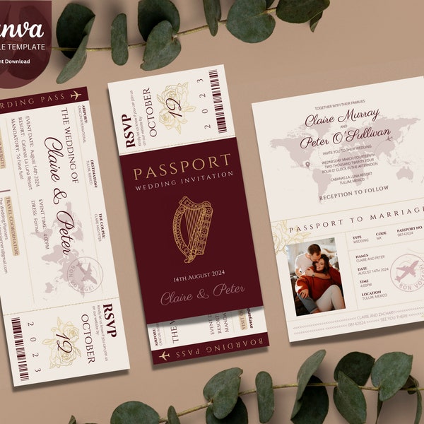 Reisepass Hochzeitseinladung Bordkarte Bearbeitbare Vorlage Hochzeitseinladung Burgundy Reiseeinladung Hochzeit im Ausland Irland