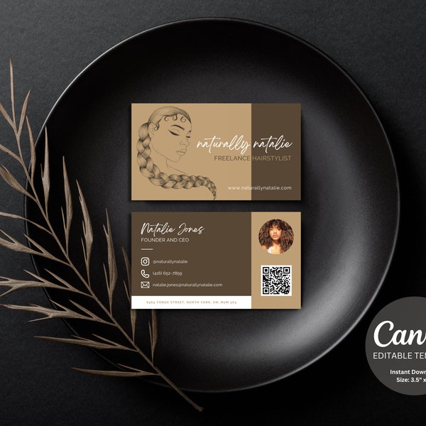 Neutral Brown Unique Business Card for Hairstylists, Braiders and Salons | Editable Canva Template | Handmade | DIY Custom Calling Card