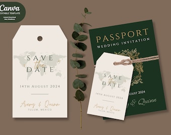 May include: Save the date wedding invitation with a passport theme. The invitation features a world map with gold pins and the text "Save the Date" in a green font. The date is August 14, 2024, and the names Avery & Quinn are listed below. The location is Tulum, Mexico.