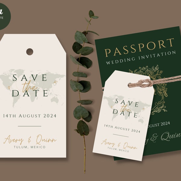 Passport Save the Date Wedding Invitation Luggage Tag Template Editable Destination Dark Green Gold Travel Invitation Wedding Abroad