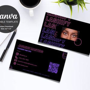 May include: Black business card with white text and pink accents. The text reads "JASMINE MASTERS, FOUNDER AND CEO" and includes contact information, a QR code, and the text "LASHIFY" repeated in a stylized font.