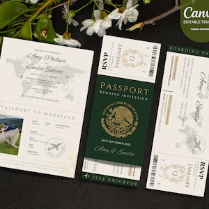 Reisepass Hochzeitseinladung Bordkarte Vorlage Bearbeitbare Hochzeitseinladung Dunkelgrüne Einladung Hochzeit im Ausland Mexiko