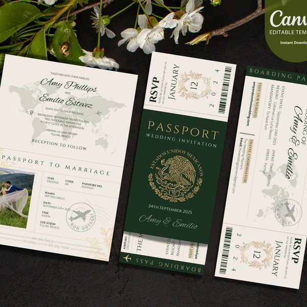 Passeport Invitation de mariage Modèle de carte d'embarquement Destination modifiable Faire-part de mariage Invitation vert foncé Mariage à l'étranger Mexique
