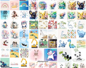 Könnte beinhalten: Eine Sammlung bunter digitaler Illustrationen mit verschiedenen Charakteren wie Pinguinen, Dinosauriern, Einhörnern, Baufahrzeugen und Pandas, die in einem Rasterformat mit dem sichtbaren Wasserzeichen #Stickermaus dargestellt sind.