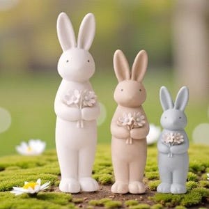 Könnte beinhalten: Drei Keramik-Hasenfiguren in Creme, Beige und Grau, jede mit einem Strauß weißer Blumen. Die Hasen stehen auf grünem Moos mit Gänseblümchen im Hintergrund und schaffen ein Frühlingsmotiv.
