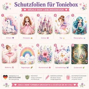 Könnte beinhalten: Zehn dekorative Schutzfolien für die Toniebox mit verschiedenen Motiven wie Einhorn, Prinzessin, Schloss, Fee, Meerjungfrau, Ballerina, Regenbogen, Blumenstrauß, Schmetterlinge und Zauberwald, inklusive deutscher Beschriftung und Symbolen.